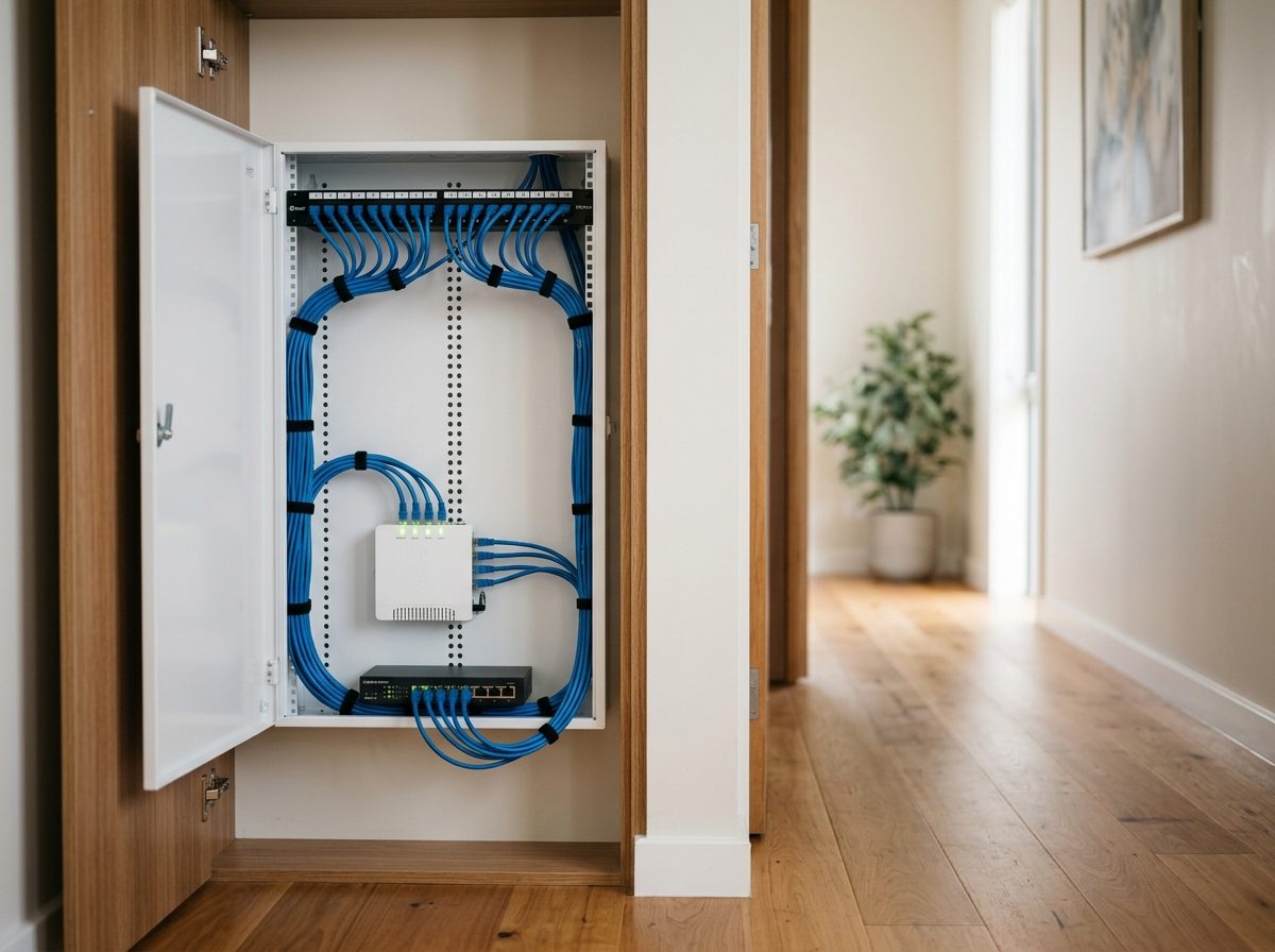 Home network cabinet with tidy data cabling