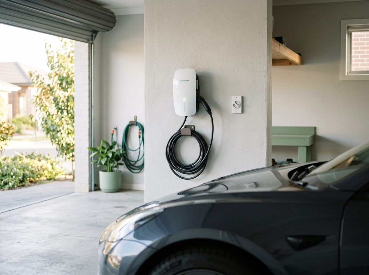EV wall charger installed in a garage