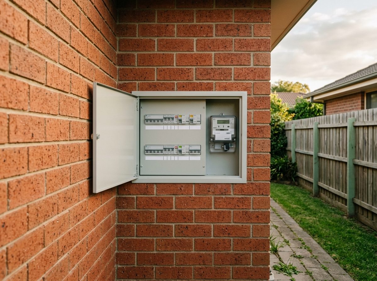 Upgraded residential switchboard on a brick wall